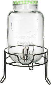 Limonade/drankdispenser op verhoger - groen/wit geblokte dop - 4 liter - glas - H37 x B19 cm