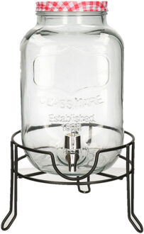 Limonade/drankdispenser op verhoger - rood/wit geblokte dop - 4 liter - glas - H37 x B19 cm