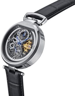 Lincoln leren band skelet horloge met maanfase - maat Zwart