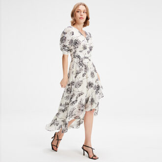 Lineaire bloemafdruk Gemeende zoomjurk Wit - XS