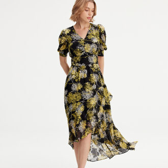 Lineaire bloemafdruk Gemeende zoomjurk Zwart - XS