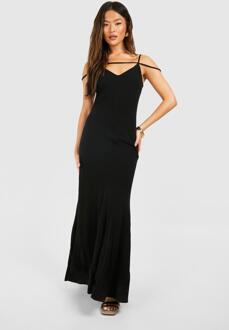 Linen Strappy Plunge Maxi Slip Dress, Black - 10