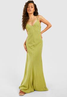 Linen Strappy Plunge Maxi Slip Dress, Olive - 16