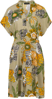 Linnen Bloemenprint Jurk met Mandarijn Kraag - maat Olijf