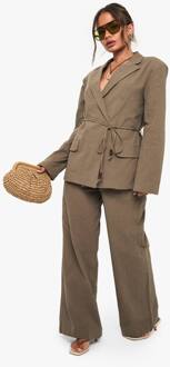 Linnen Broek Met Kralen- En Strikdetail En Wijde Pijpen, Khaki - 38