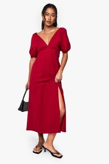 Linnen Jurk Met Band Aan De Rug, Pofmouwen En Midaxi Lengte, Red - 40