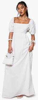 Linnen Jurk Met Vetersluiting Op De Rug En Puff Mouwen, White - 42