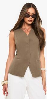 Linnen Longline V-Hals Getailleerde Weste, Khaki - 38