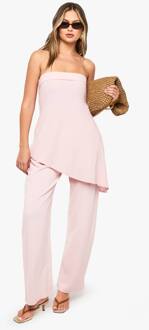 Linnen Look Asymmetrische Bandeau & Broek Met Wijde Pijpen Co-Ord, Pastel Pink - 38