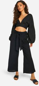Linnen Look Ballonmouwen Crop & Broek Met Wijde Pijpen, Black - 42
