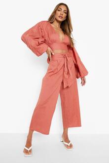 Linnen Look Ballonmouwen Crop & Broek Met Wijde Pijpen, Terracotta - 42