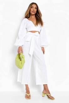 Linnen Look Ballonmouwen Crop & Broek Met Wijde Pijpen, White - 34