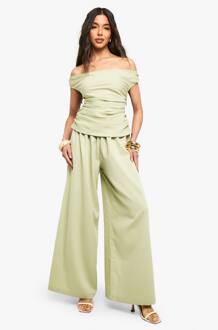 Linnen Look Bardot Jumpsuit Met Wijde Pijpen, Olive - 42