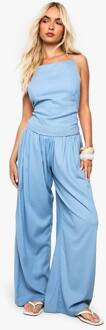 Linnen Look Broek Met Elastische Taille En Wijde Pijpen, Powder Blue - 34
