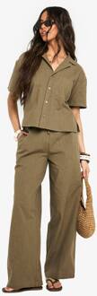 Linnen Look Broek Met Trekkoord En Wijde Pijpen, Khaki - 40