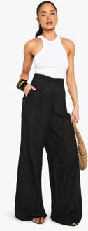 Linnen Look Broek Met Wijde Pijpen En Relaxte Pasvorm, Black - 44