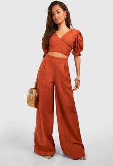 Linnen Look Broek Met Wijde Pijpen En Relaxte Pasvorm, Terracotta - 36