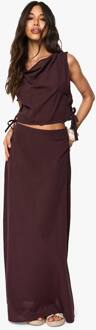 Linnen Look Cowl Neck Crop Top En A-Lijn Maxi Rok Co-Ord, Chocolate - 34