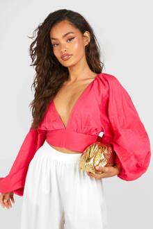 Linnen Look Crop Top Met Ballonmouwen En Bandjes Achter, Pink - 36