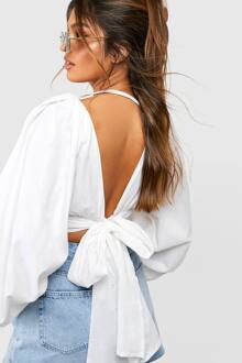 Linnen Look Crop Top Met Ballonmouwen En Bandjes Achter, White - 38
