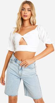 Linnen-Look Crop Top Met Ballonmouwen, White - 40