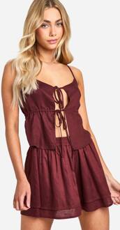 Linnen-Look Crop Top Met Bandjes En Vetersluiting Aan De Voorzijde, Chocolate - 44