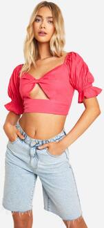 Linnen-Look Crop Top Met Puff Mouwen, Hot Pink - 44