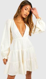 Linnen Look Diepe V-Hals Mini Jurk Met Lange Mouwen En Gelaagde Rok, Stone - 46