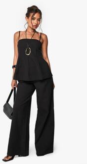 Linnen Look Geplooide Square Neck Cami Top En Wijde Pijpbroek Co-Ord, Black - 38