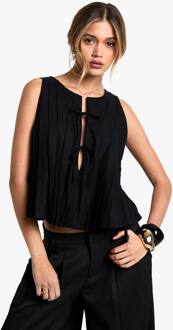 Linnen-Look Geplooide Top Met Bandje Aan De Voorkant Smock Top, Black - 36