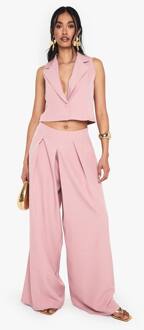 Linnen Look Geplooide Voorkant Wijde Pijpen Getailleerde Broek, Pink - 36