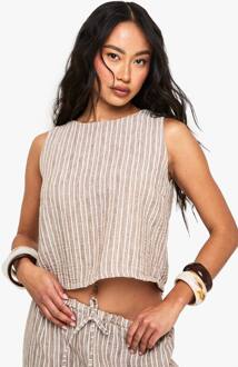 Linnen-Look Gestreepte Boxy Crop Top, Mocha - 34
