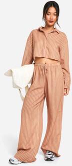 Linnen-Look Gestreepte Cropped Shirt & Wijde Pijpen Broek, Camel - 40
