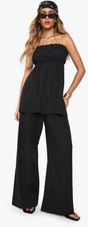 Linnen Look Longline Bandeau En Wijde Pijp Broek Co-Ord, Black - 42