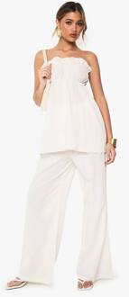 Linnen-Look Longline Bandeau En Wijde Pijp Broekcoördinatie, Ecru - 34