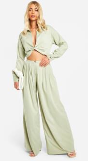 Linnen-Look Low-Rise Extreem Wijde Pijp Geplooide Broek, Sage - 34