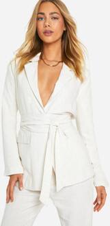 Linnen-Look Obi Tie Taille Getailleerde Blazer, Ecru - 34