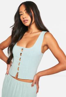 Linnen-Look Overhemde Met Knoopsluiting En Vierkante Halslijn Top, Sage - 42