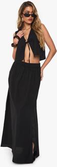 Linnen Look Tie Front Crop En Maxi Rok Co-Ord, Black - 42