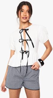 Linnen-Look Top Met Strik En Pofmouwen, White - 38