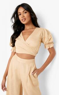 Linnen Look Wrap Crop Top, Stone - 34