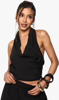 Linnen Look Wrap Front Crop Top, Black - 36
