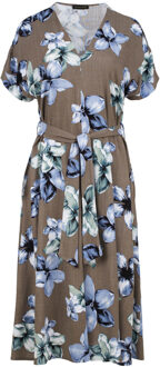 Linnen Midi-jurk met bloemenprint en riem Olijf