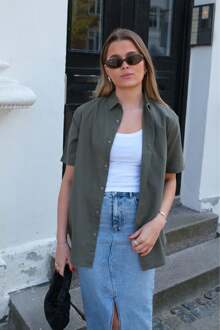 Linnen overhemd met korte mouwen - Leger Donkergroen - S