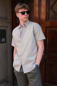 Linnen overhemd met korte mouwen - Zand Beige