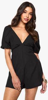 Linnen Romper Met Strik In De Rug En Puffmouwen, Black - 42