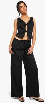 Linnenlook Broek Met Gesnoerde Taille En Wijde Pijp, Black - 42