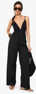 Linnenlook Jumpsuit Met Bandjes En Uitsnijdingen, Black - 38
