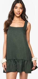 Linnenlook Mini-Jurk Met Vierkante Hals En Drop Zoom, Olive - 44