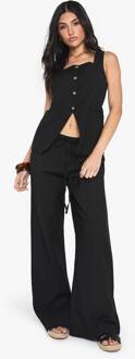Linnenlook Vierkante Hals Tank En Getailleerde Wijde Pijpenbroek Co-Ord, Black - 34